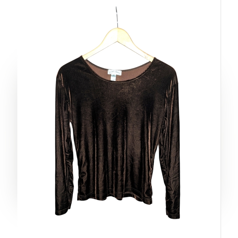 Vintage 90s Velvet Top Womens Medium Brown Stretch Long Sleeve Lightweight Soft